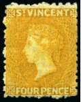1869 4d. yellow, six unused single, all without gum to large part gum