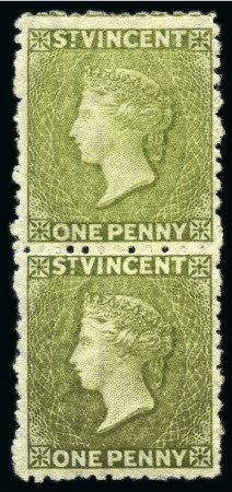 1880 1d. olive-green, vertical pair, unused with large part original gum