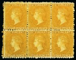 THE LARGEST RECORDED MULTIPLE: 1869 4d. yellow, a block of six, unused with part original gum
