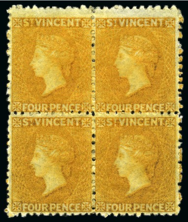 ONE OF ONLY THREE BLOCK OF FOUR RECORDED: 1869 4d. yellow, block of four with part to large part original gum