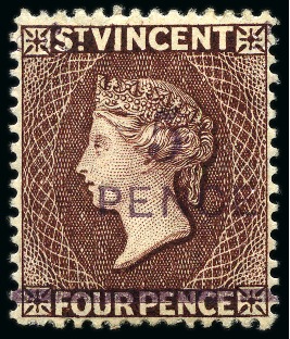 1892 Provisional Issue: 5d. on 4d. chocolate, two singles and one with Specimen ovpt, unused