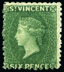 Stamp of St. Vincent 1862-68 6d. deep green, unused with part original gum