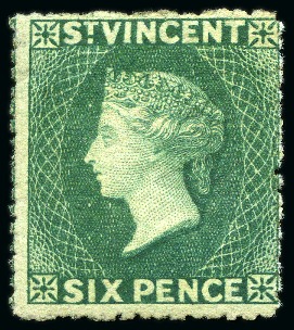 Stamp of St. Vincent 1871 6d. deep green, unused with part original gum