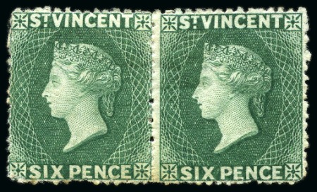 Stamp of St. Vincent 1871 6d. deep green, horizontal pair, unused with part original gum