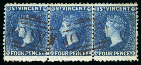 Stamp of St. Vincent 1862-68 4d. deep blue, a superb well-centred horizontal strip of three cancelled "A10" in brown