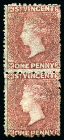 Stamp of St. Vincent THE ONLY RECORDED MULTIPLE: 1866 1d. rose-red, a vertical pair unused without gum