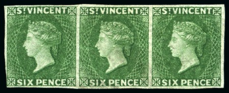 1862 6d deep green, imperforate horizontal strip of three, unused