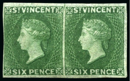 Stamp of St. Vincent 1862 6d deep green, imperforate horizontal pair, unused part original gum