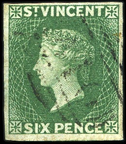 Stamp of St. Vincent 1862 6d deep green, imperforate single, used with good margins