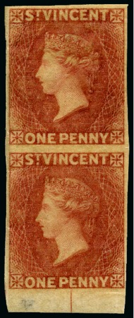 Stamp of St. Vincent 1861 1d. rose-red, bottom marginal vertical pair, variety imperforate, unused