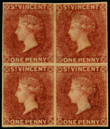 Stamp of St. Vincent 1861 1d. rose-red, block of four, variety imperforate, unused large part original gum