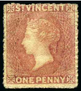 Stamp of St. Vincent 1861 1d. rose-red, four singles, all unused without gum to part original gum