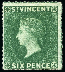 Stamp of St. Vincent 1862 6d. deep green, five singles, all unused without gum to part original gum