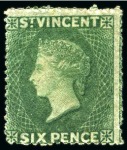 1862 6d. deep green, five singles, all unused without gum to part original gum