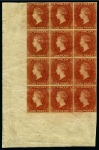 Stamp of St. Vincent 1861 1d. rose-red, lower left corner sheet marginal block of twelve, variety imperforate
