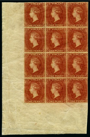1861 1d. rose-red, lower left corner sheet marginal block of twelve, variety imperforate