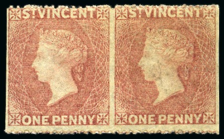 Stamp of St. Vincent 1861 1d. rose-red, horizontal pair showing variety imperforate vertically between