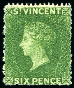 Stamp of St. Vincent 1861 6d. deep yellow-green, unused with small part original gum