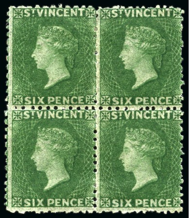 Stamp of St. Vincent 1862-68 6d. deep green, block of four in the distinctive deep yellow-green shade, fine unused with part to large part original gum