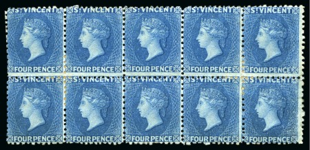 Stamp of St. Vincent THE LARGEST RECORDED MULTIPLE: 1862-68 4d. deep blue, block of ten unused with part to large part original gum