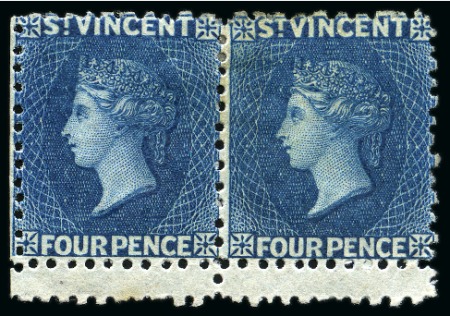 Stamp of St. Vincent 1862-68 4d. deep blue, horizontal pair showing double perforations at bottom, fine unused with part original gum