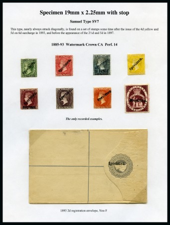 1885-93 CA perf 14, 1890-93 CA perf 14, 1893 5d. on 6d. and postal stationery 1893 2d. registered envelope group of SPECIMENS