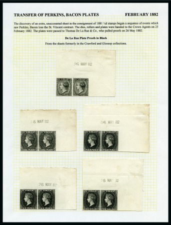 1882-83 The De La Rue Plates Imperforate Plate Proofs: 1/2d., 1d., 4d., 6d. and 1/-, each in an upper right corner pairs in black on thin card