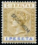 Stamp of Gibraltar 1889-96 Spanish Currency 5c to 5p set of 12 with SPECIMEN hs diagonally applied in Gibraltar