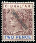 1898 Sterling Currency 2d and 6d with diagonal SPECIMEN hs applied in Gibraltar
