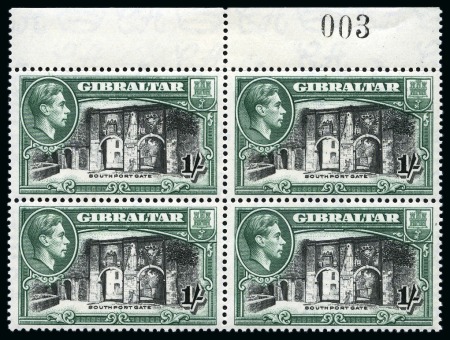 Stamp of Gibraltar 1938-51 1s Black & Green perf.13 1/2 mint nh upper marginal block of four with sheet number "003"