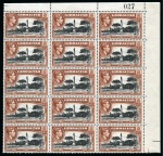 Stamp of Gibraltar 1938-51 2s Black & brown perf. 13 1/2 in mint upper right corner marginal block of 15 with sheet number "027"