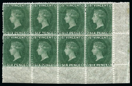Stamp of St. Vincent 1862 6d. deep green bottom right sheet marginal block of eight, unused