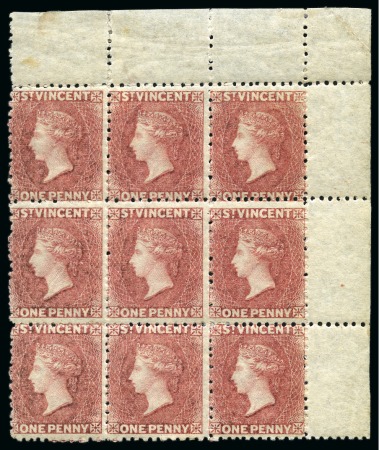 Stamp of St. Vincent 1862-68 1d. rose-red, a top right corner sheet marginal block of nine, unused with large part to full original gum