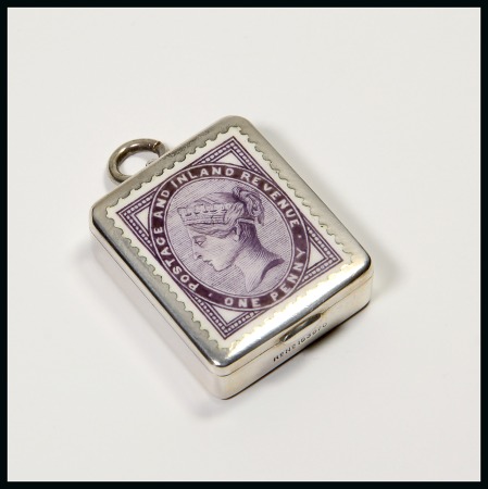 English Silver Boxes: 1890 London sprung pocket dispenser with hinged lid at top finely enamelled with an 1881 1d lilac