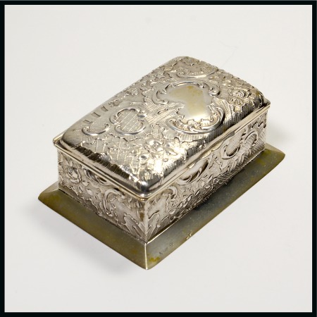 Stamp of Stamp Boxes American Boxes: Silver-plated two compartment box embossed throughout with a floral and curlique design