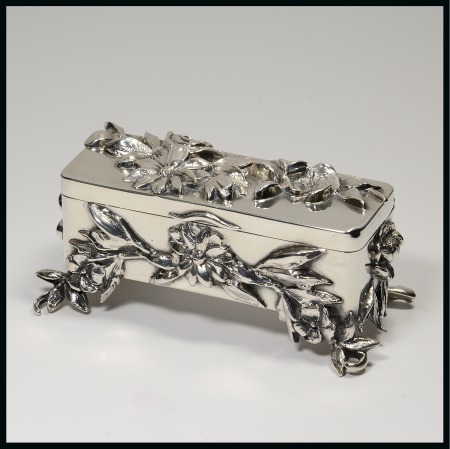American Silver Boxes: Sterling silver three compartment box, plain design with an applied floral pattern for the feet