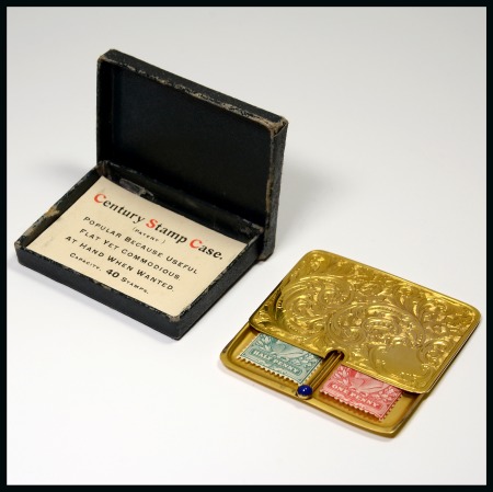 English Boxes: Gilt "Century Stamp Case" with original box, with embossed sliding lid to reveal two compartments