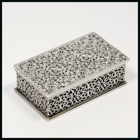 American Silver Boxes: Sterling silver box with filigree pattern, with two sloping compartments inside