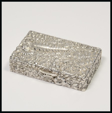 Stamp of Stamp Boxes American Silver Boxes: Sterling silver two compartment case by Tiffany & Co, with embossed flowers and ferns all around
