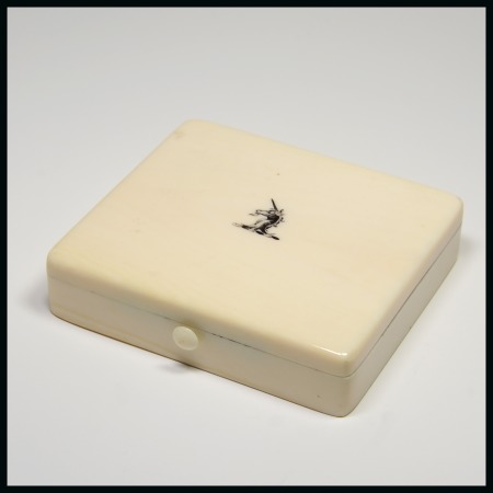 Miscellaneous Materials: Celluloid stamp and nib box combined, plain rectangular design the hinged lid at top showing a unicorn head