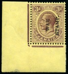 1917 "War Stamp" (type 21) 3d with OVERPRINT SIDEWAYS (reading up) in mint lower left corner marginal
