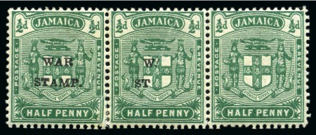 1916 "War Stamp" (ype 20) 1/2d mint strip of three with OVERPRINT OMITTED on right stamp and partially omitted on the middle stamp