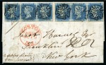 1841 (Sep 3) Entire from Balbriggan (Ireland) to the USA with 1840 2d pale blue pl.1 MG-MI & NG-NI strips of three