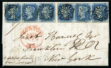 Stamp of Great Britain » 1840 2d Blue (ordered by plate number) 1841 (Sep 3) Entire from Balbriggan (Ireland) to the USA with 1840 2d pale blue pl.1 MG-MI & NG-NI strips of three