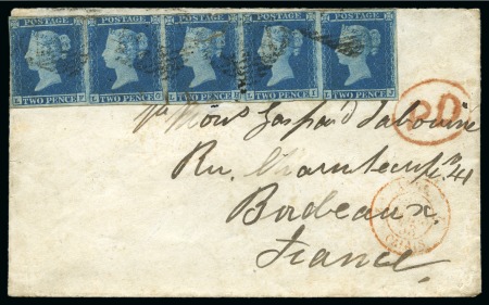 Stamp of Great Britain » 1841 2d Blue 1853 (Mar 21) Envelope from Ireland to France with 1841 2d blue LF-LJ strip of five, faults