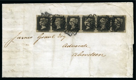 Stamp of Great Britain » 1840 1d Black and 1d Red plates 1a to 11 1840 1d Black pl.8 AG-AL strip of six with good to very large margins, tied on refolded large part entire by black MCs