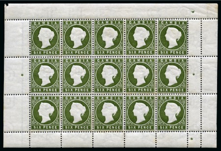 1886-93 Wmk CA sideways 6d deep bronze-green mint nh sheetlet of 15 showing sloping label varieties