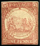 1850 1d Reddish-Rose on soft yellowish paper, plate I, clear sharp early impression, position 1, unused with dried up original gum
