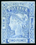 1851-52 2d Ultramarine on blue wove medium paper, plate I, worn impression, unused without gum