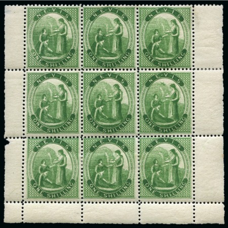 1867-76 1s Yellow-Green perf.15 with "crossed lines on hill" variety (pos.9) in part sheet of nine stamps